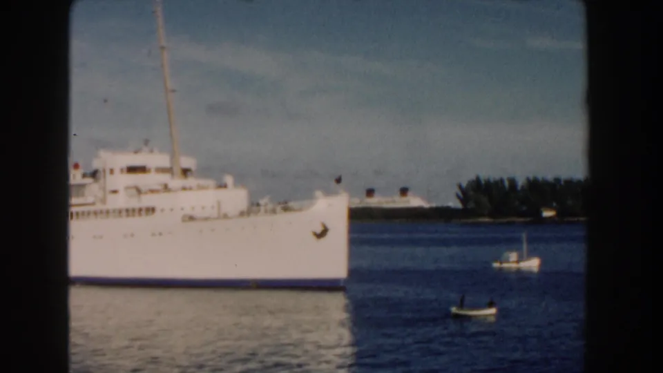 A large white passenger ship dominates the frame as small boats sit on Miami harbor water with trees and another ship in the distance.