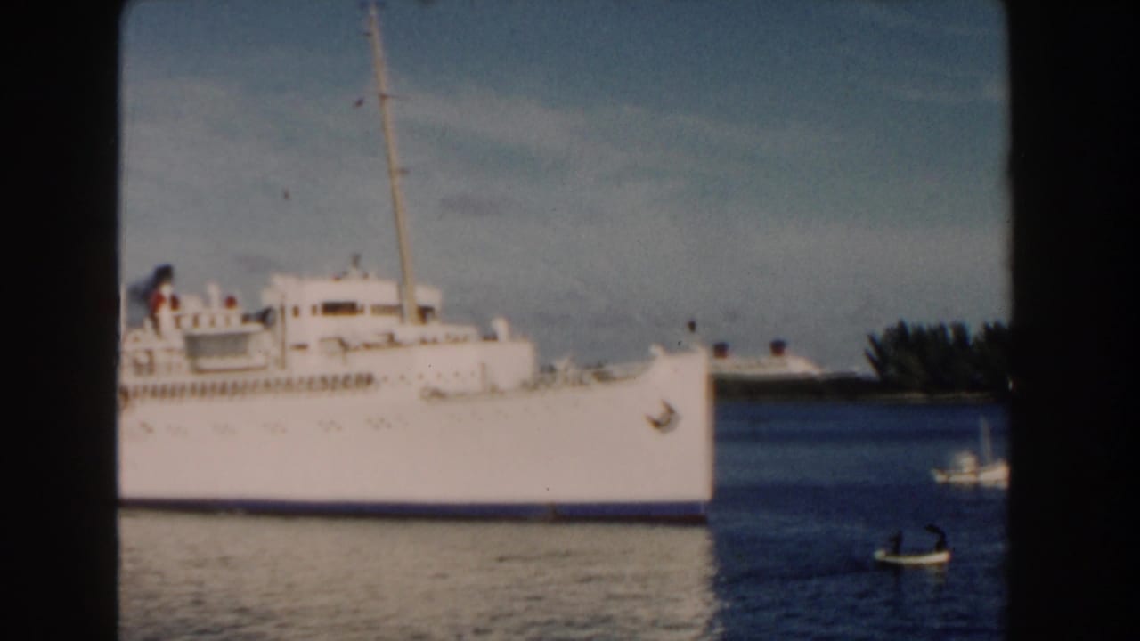 Large white passenger ship crossing blue harbor water with a small boat nearby.