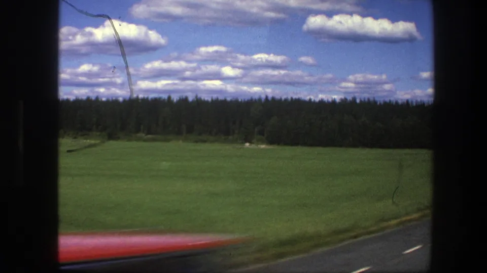Swedish rural roadside filmed from a moving vehicle, with a red car blurred across the foreground and forest beyond the field.