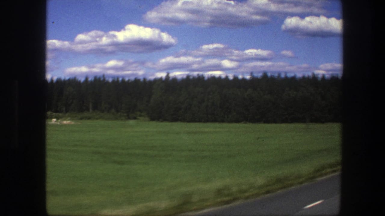 Moving car-window view in Sweden, 1975, with a broad green field, dense forest horizon, road shoulder, and scattered clouds.