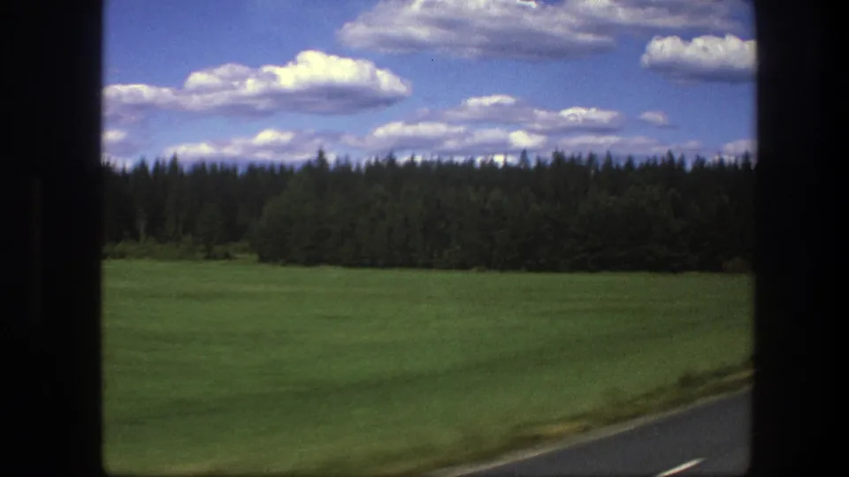 1975 Sweden road-trip frame with motion blur across a green field, a dense tree line, blue sky, and car-window framing.