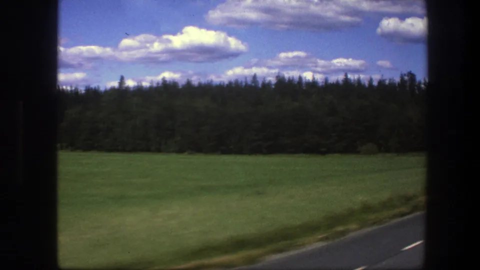 1975 Swedish countryside view from a moving car, with a green field, dark tree line, road edge, and bright clouded sky.