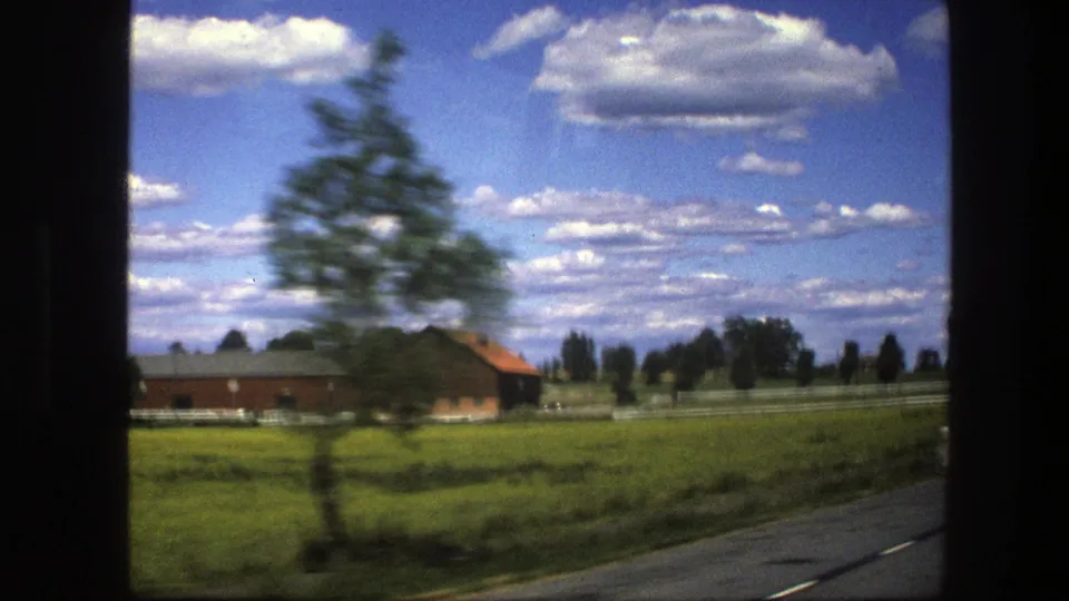 A blurred roadside tree crosses the frame as the car moves past Swedish fields, red farm buildings, and a bright clouded sky.