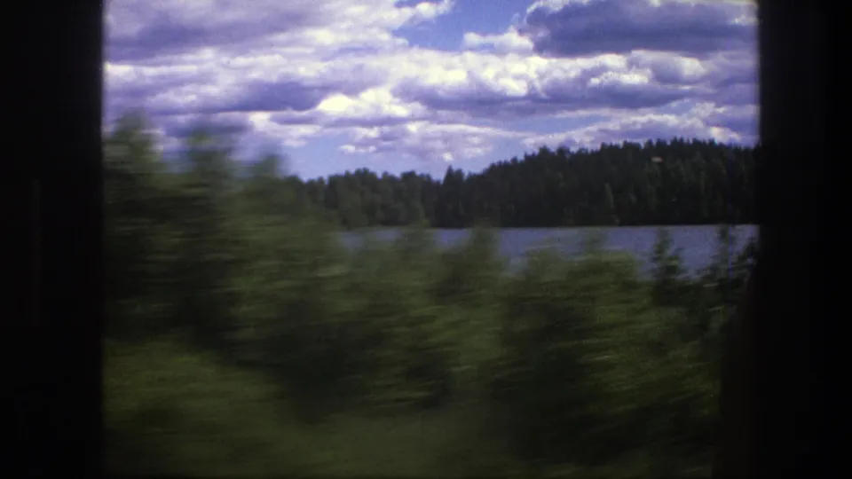 The Swedish train journey continues past a lake, dense trees, and fast-moving foreground foliage under a textured cloud cover.
