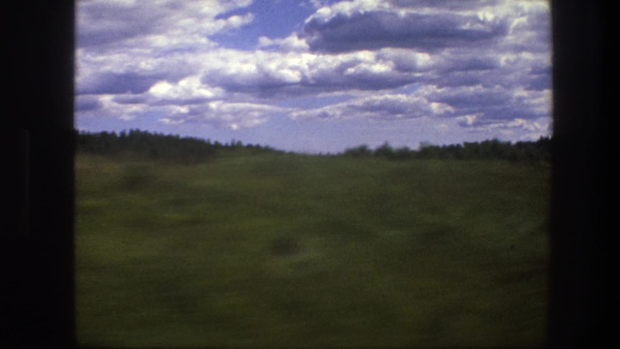 Open green field and distant forest under scattered clouds, framed by dark film edges.