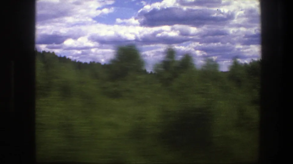 Fast-moving 1975 Swedish train-window view with blurred shrubs, trees, and a bright sky filled with layered clouds.