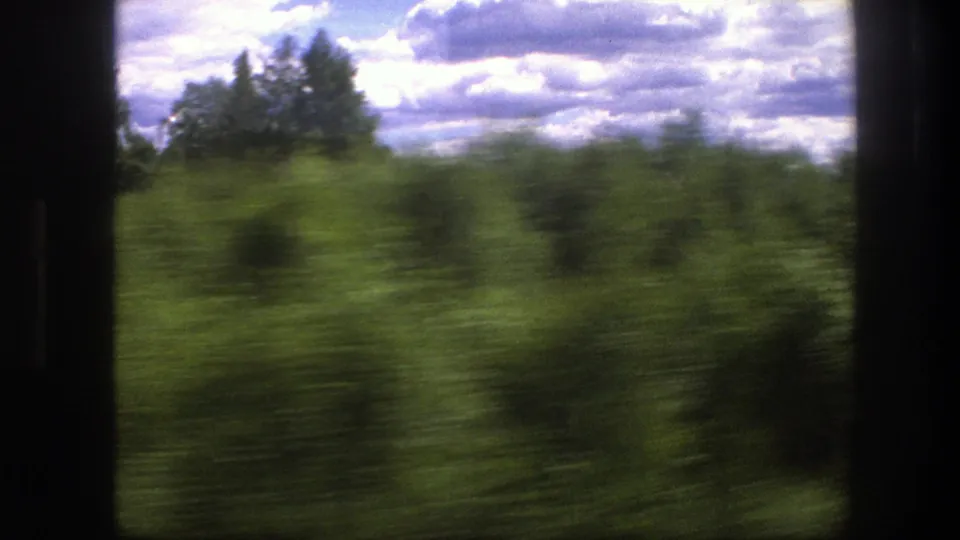 1975 Swedish countryside filmed from a fast train, with blurred foreground vegetation, taller trees, and scattered clouds overhead.