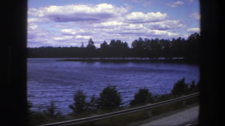 The 8mm frame shows the Swedish lakeshore passing by, with motion-blurred foreground vegetation, water, trees, and a roadside guardrail.