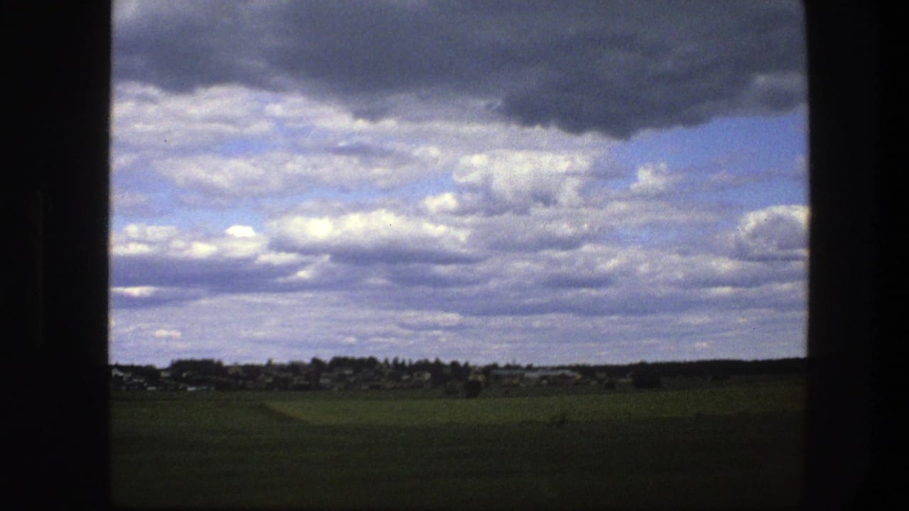 Rural fields with a distant village under a cloudy sky.