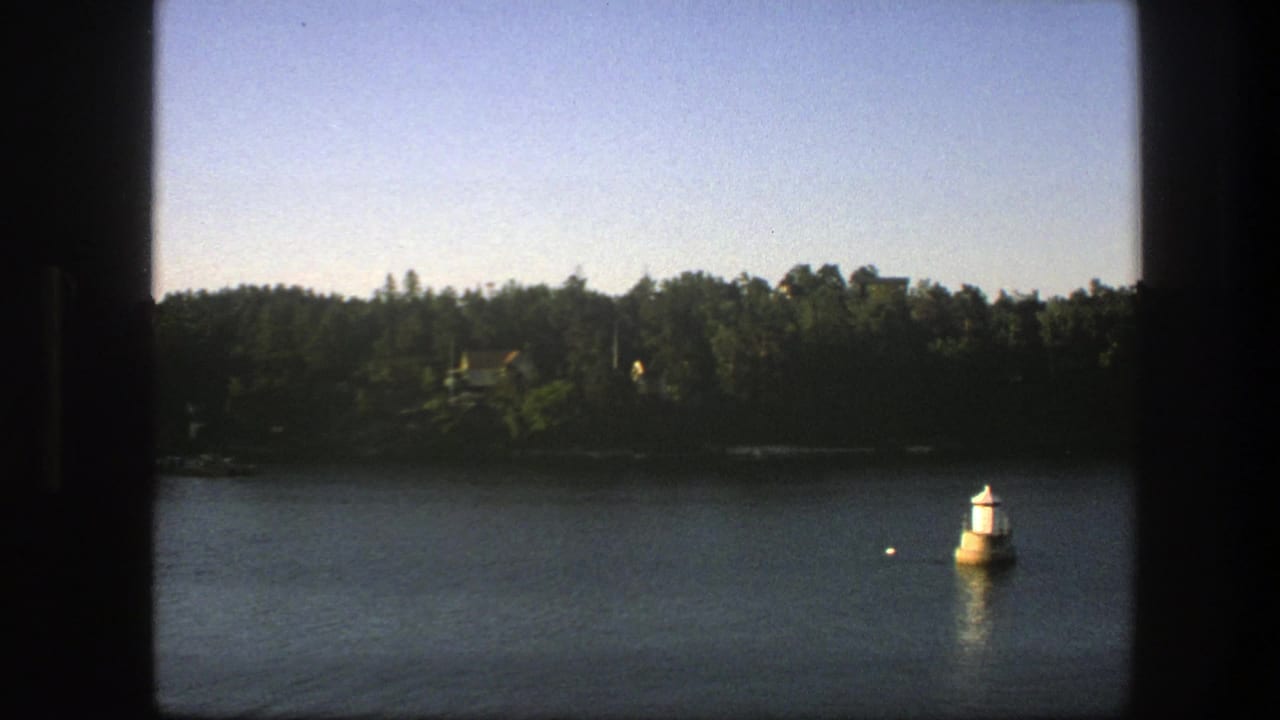 Calm lake with forested shore, small white buoy, pale sky, and dark frame edges.