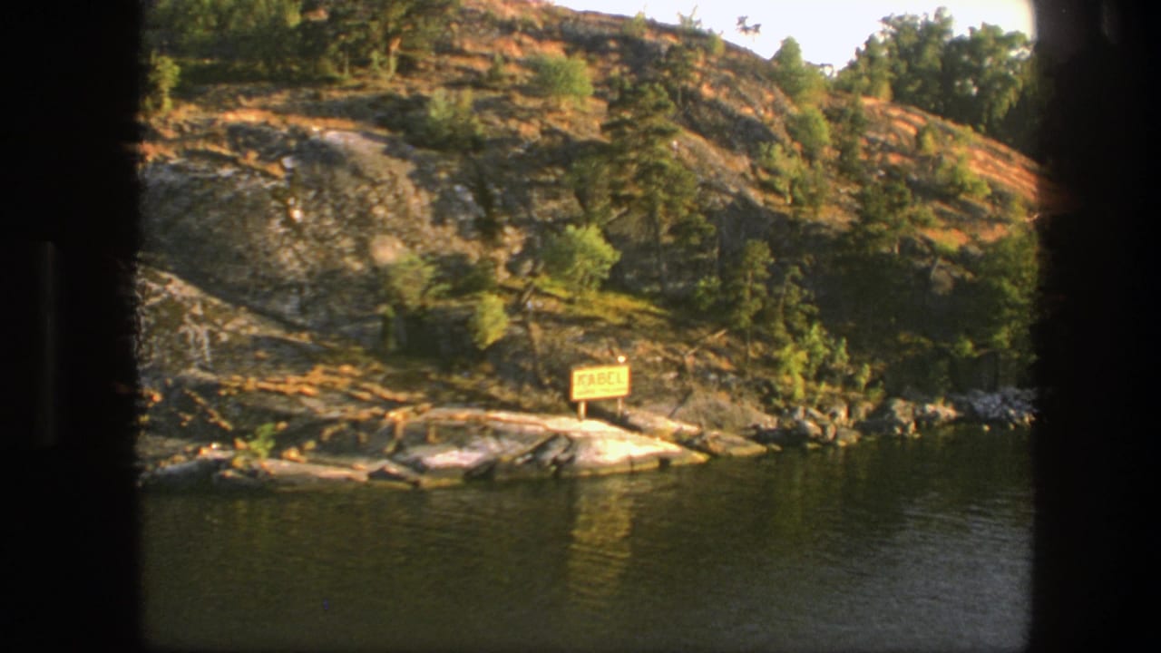 Rocky lakeshore with sparse trees and a yellow sign beside calm water.