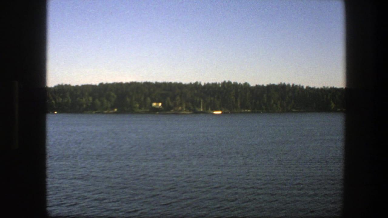 Blue lake viewed through dark vertical frames with a wooded far shore and pale sky.