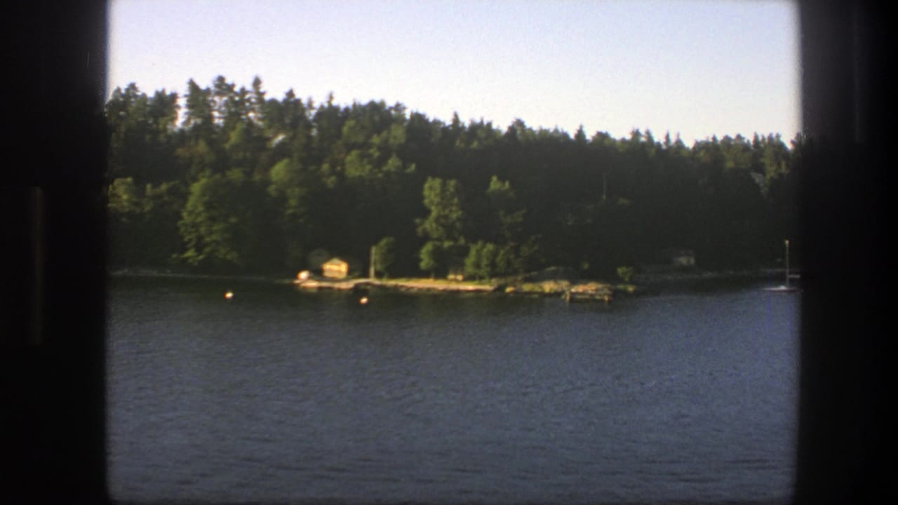 Forested lakeshore with cabins and buoys across calm water.