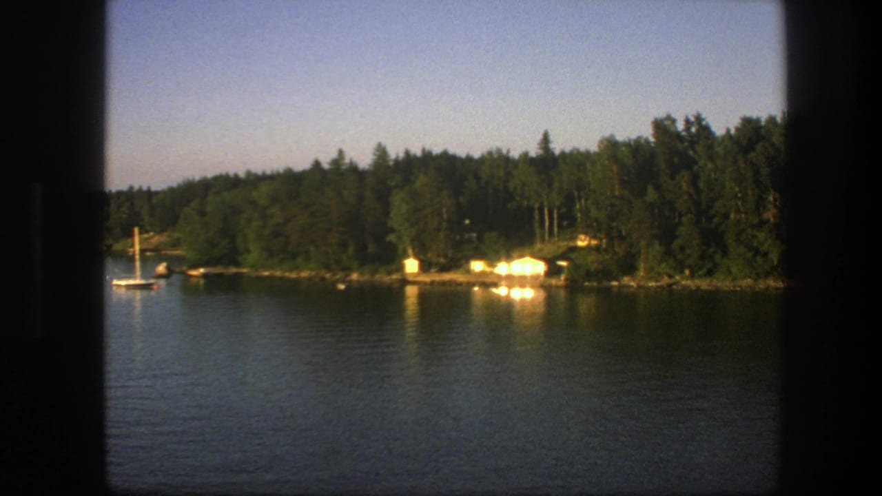 Small sailboat near a wooded lakeshore with cabins behind it.