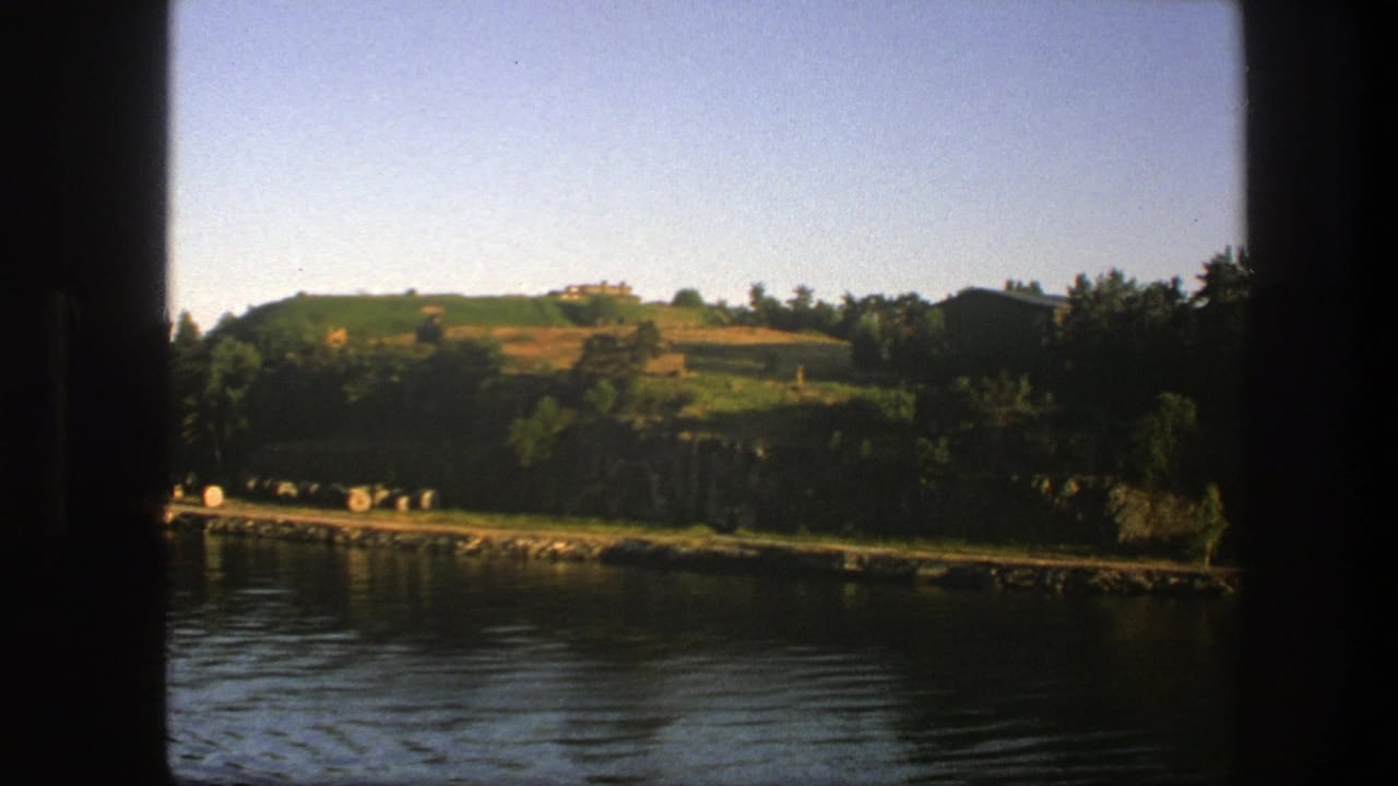 Tree-lined shore and calm water seen through dark vertical window edges.