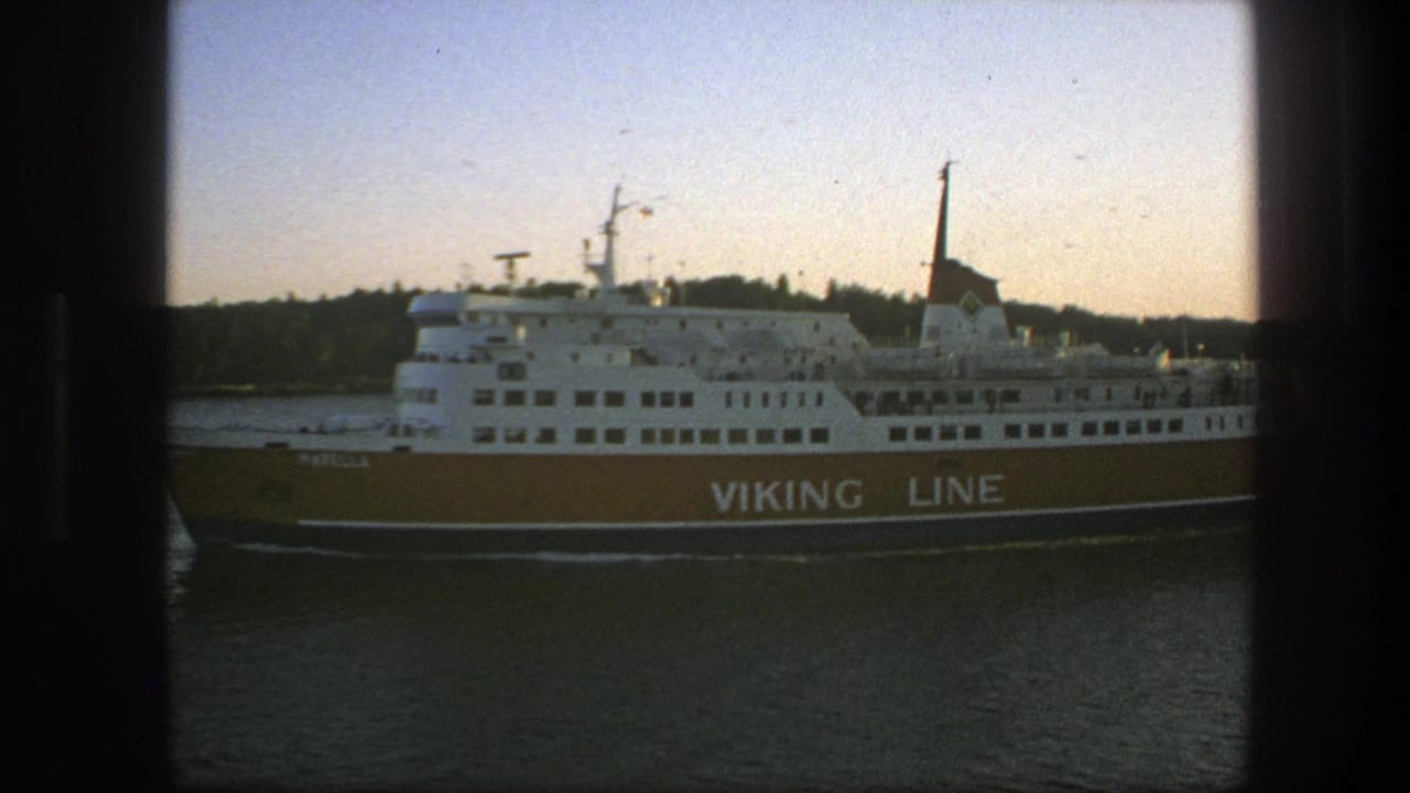 Viking Line ferry passing on calm water behind dark vertical foreground framing.