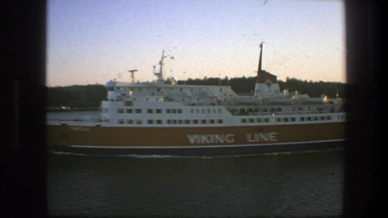 Passenger ferry with Viking Line lettering moving past a low wooded shore.