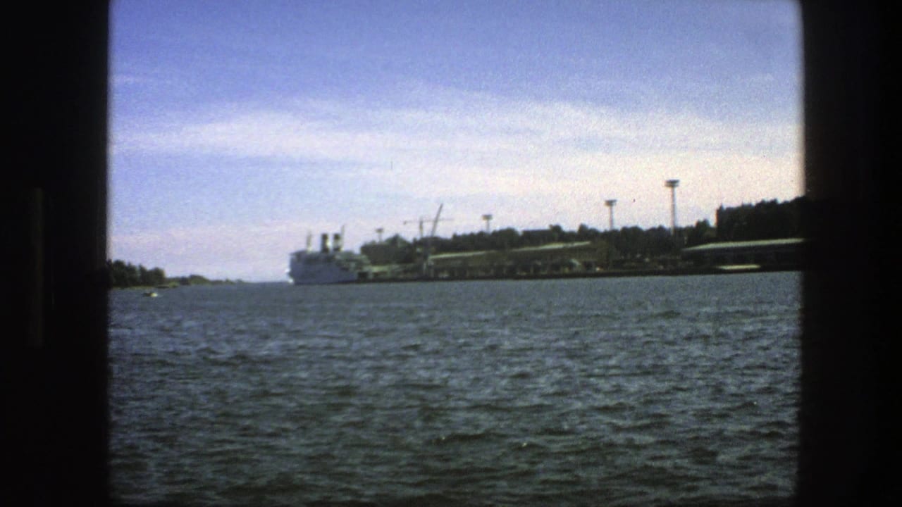 Distant ship and shoreline viewed through dark vertical framing over open water.