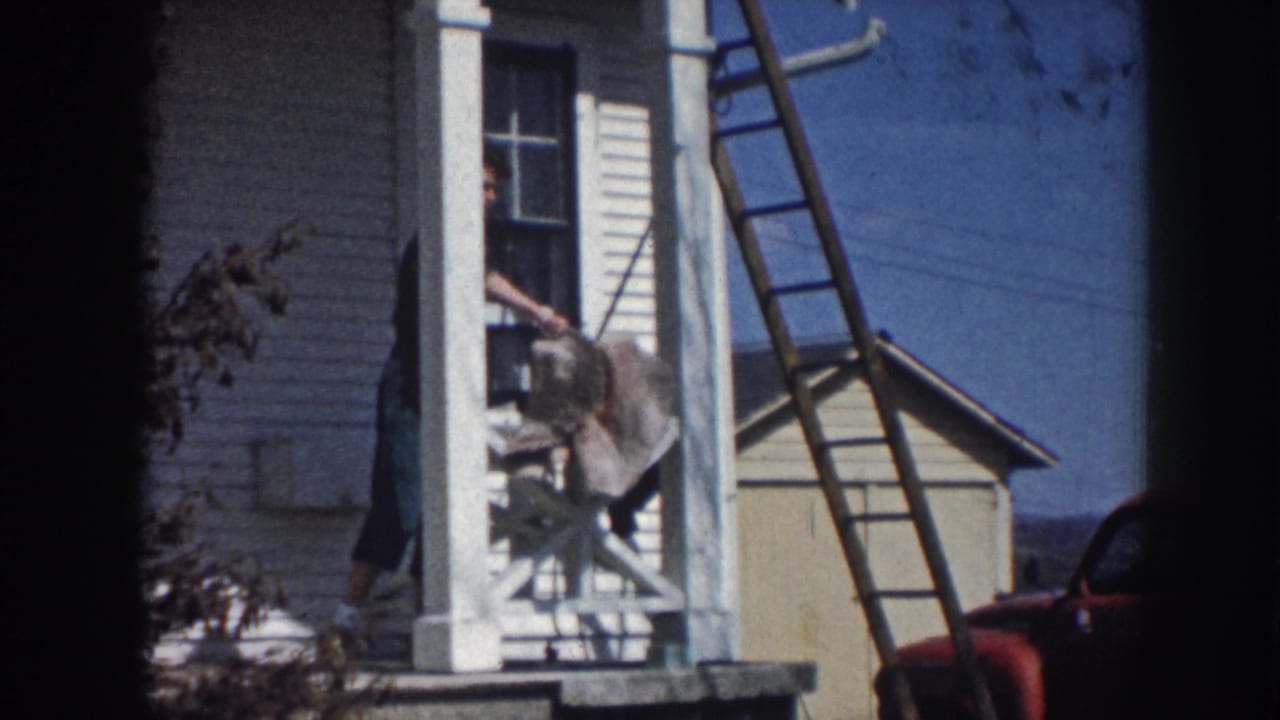 Woman partly visible on a white porch beside shutters and a leaning ladder.