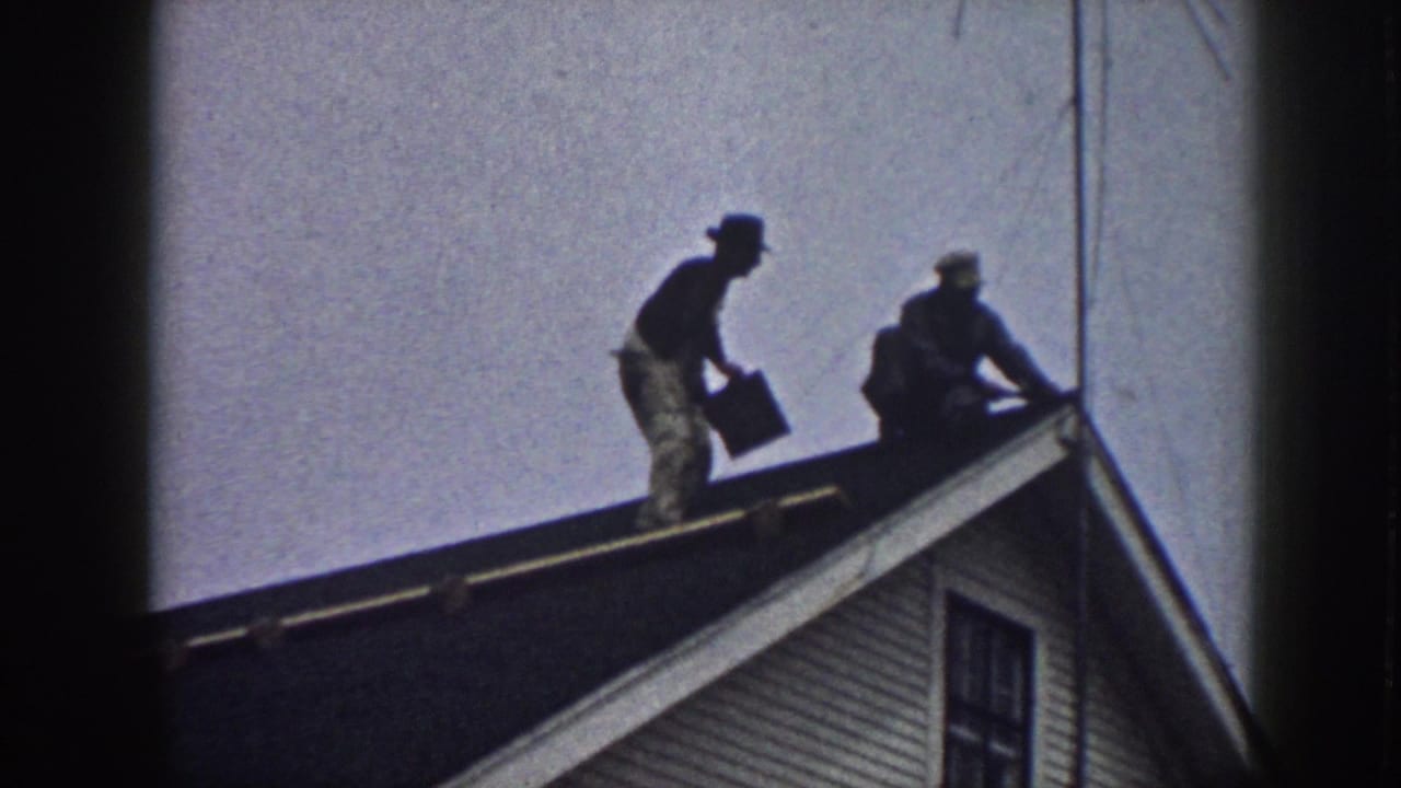 Two men work on a sloped house roof under a pale sky.