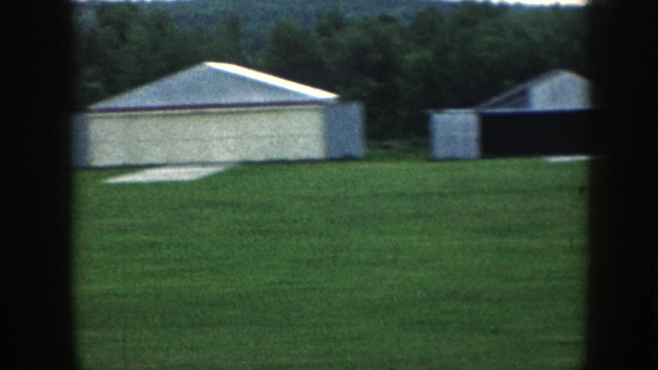 White low structure in a grassy field with trees behind it and dark frame bars at the sides.