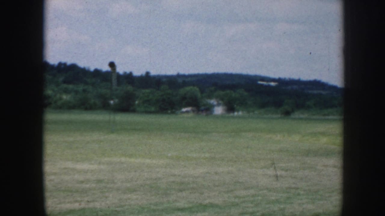 Grassy field seen through dark window bars with trees and low hills beyond.