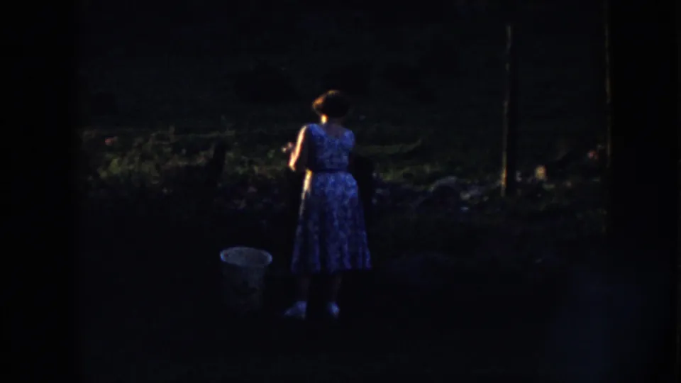 The woman remains standing in a darkened garden or yard area, with a bucket nearby and foliage barely visible in the low exposure.