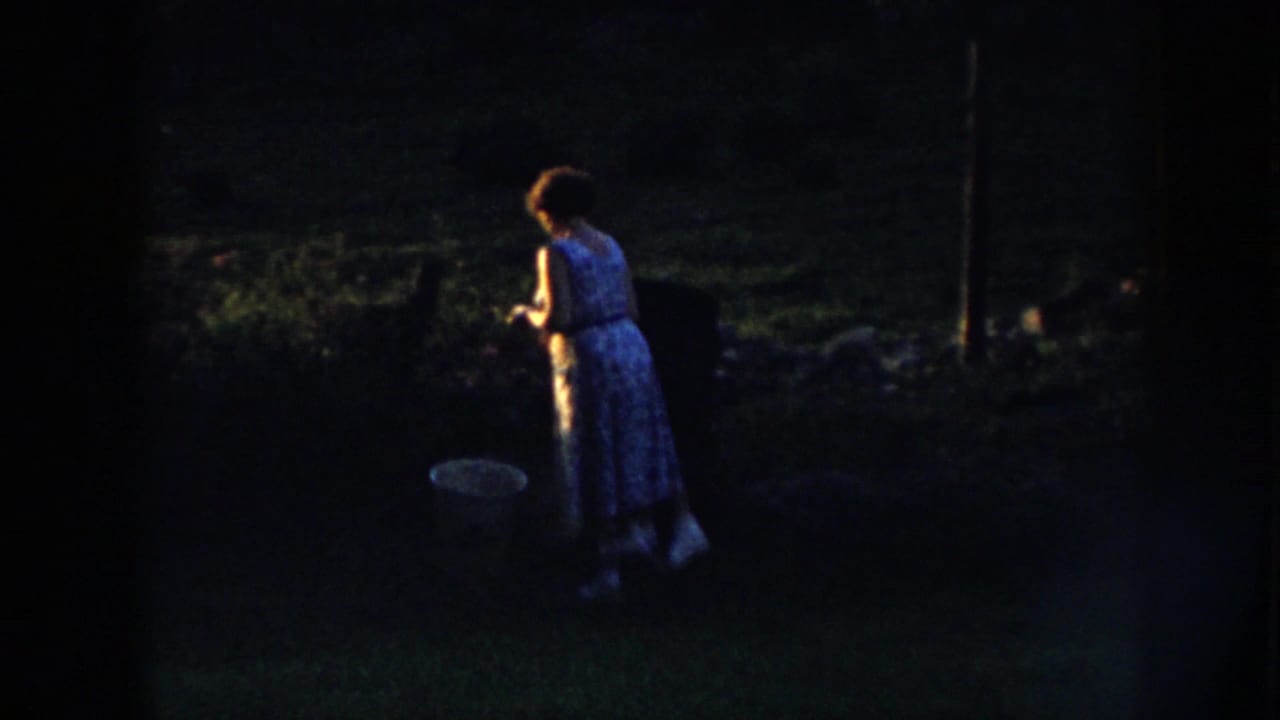 Woman in a floral dress stands in a dark yard near a large pale bucket at dusk.