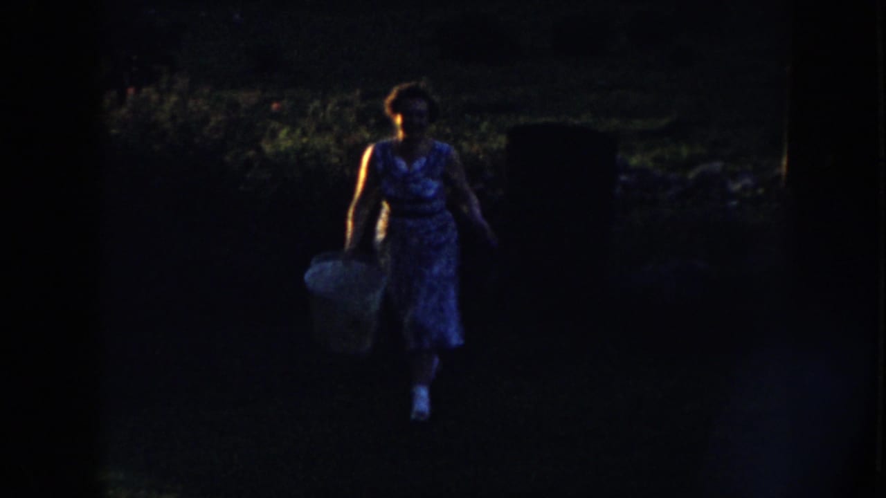 Woman walks across a dark yard carrying a large pale bucket.