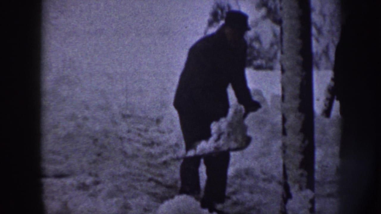 An adult man in a dark coat and cap lifts snow with a shovel among snow-covered trees in Nebraska, 1958.