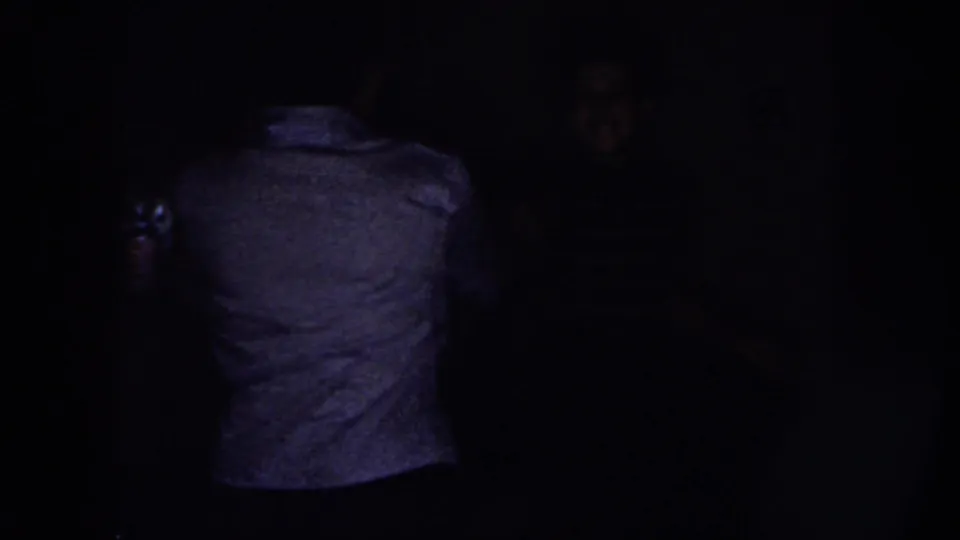 A darker final 1958 Nebraska home-movie frame shows a person from behind inside the private interior.