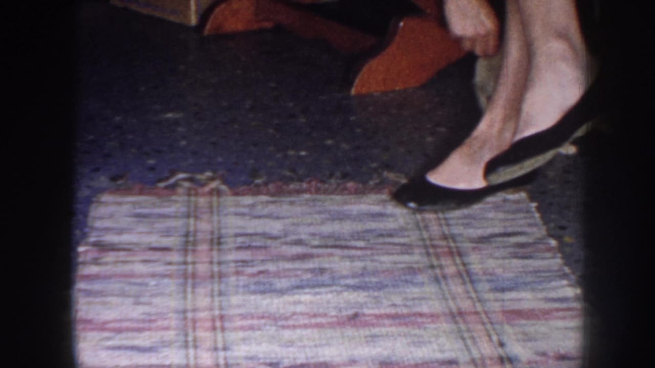 Woman's feet in black heels stand near a plaid rug as the puppy moves partly out of frame.