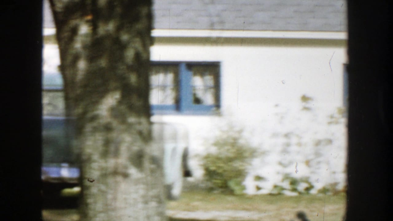 1958 Michigan exterior view with a tree trunk and dark frame edges partly obscuring a white house and a parked dark car.