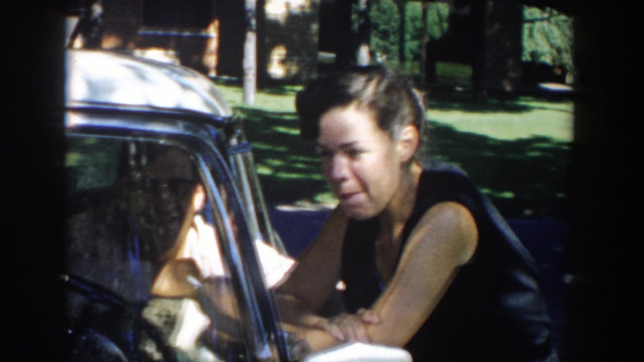 The woman rests her arms by the car window in a sunny Michigan home-movie frame, with the driver partly visible inside.
