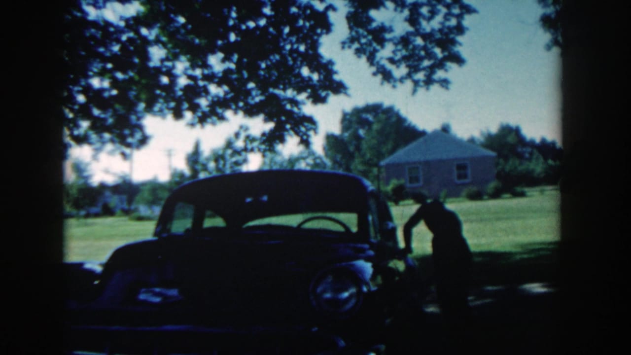 Dark car in shade with a person leaning near the front passenger side.