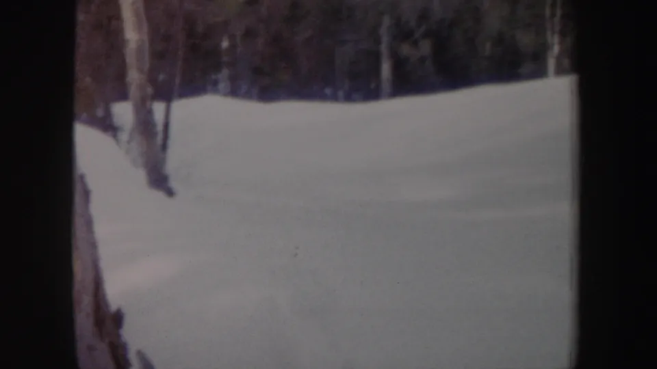 A soft 8mm view of a snowy New York hillside with trees, likely moments before or after the skier passes.
