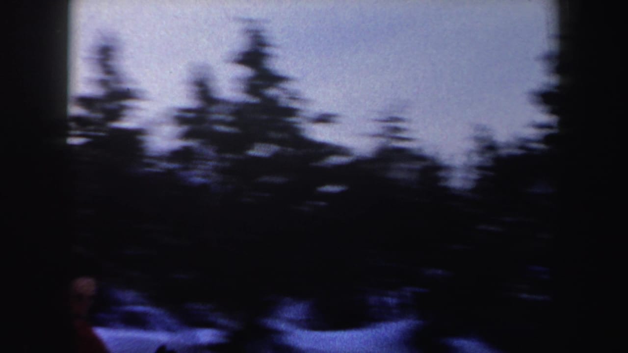 1962 New York 8mm frame with motion blur across dark trees and snow, with part of the skier visible near the lower edge.