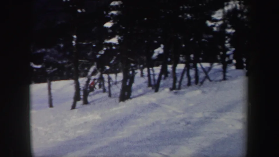A snow-covered wooded downhill run appears after the skier has moved out of frame in this 1962 New York home-movie clip.