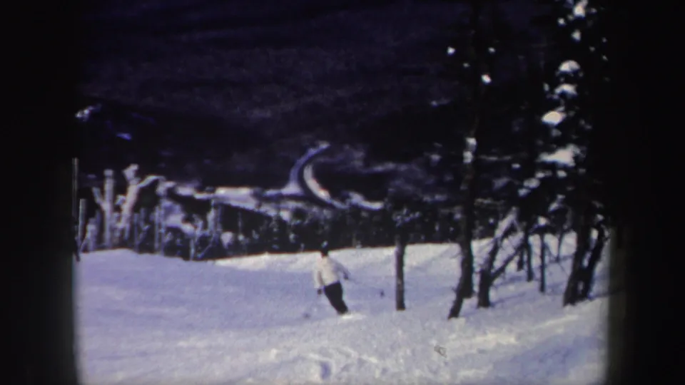 The skier continues downhill near bare trunks and snow-covered evergreens, filmed from a distant handheld viewpoint.