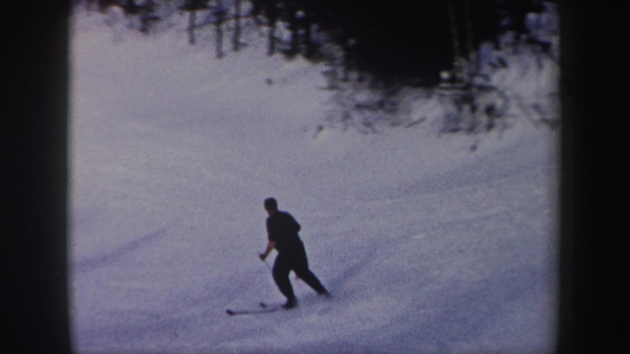 A lone skier in dark clothing moves across a snowy slope with trees above.