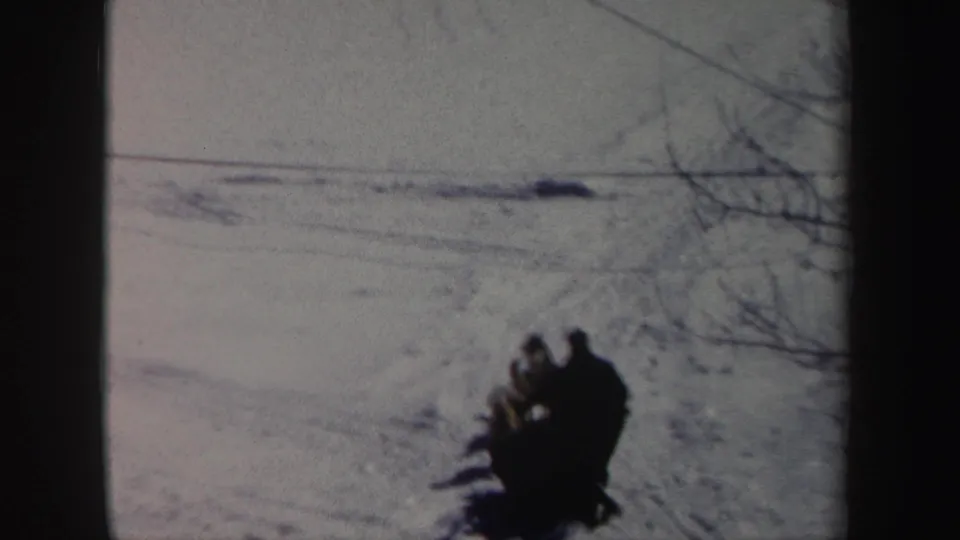 A distant dog team and rider travel through snow, framed by bare branches and dark vertical foreground edges.