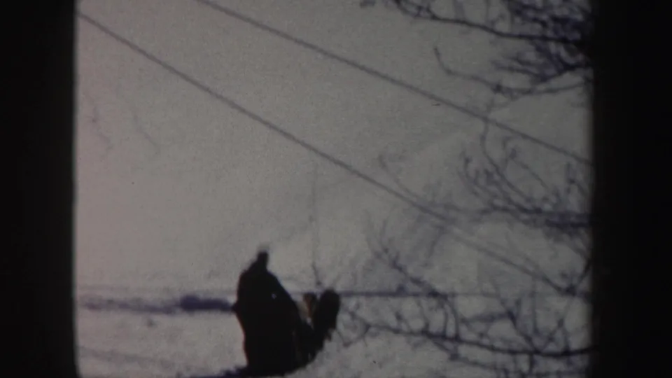In 1962 New York 8mm footage, a bundled person appears with dogs on a snowy hillside framed by branches and utility lines.
