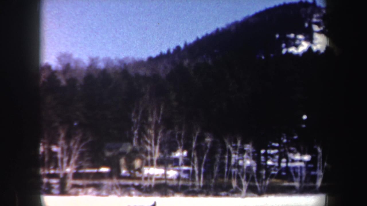 Snowy ground with bare trees, dark woods, and a hill under a pale blue sky.