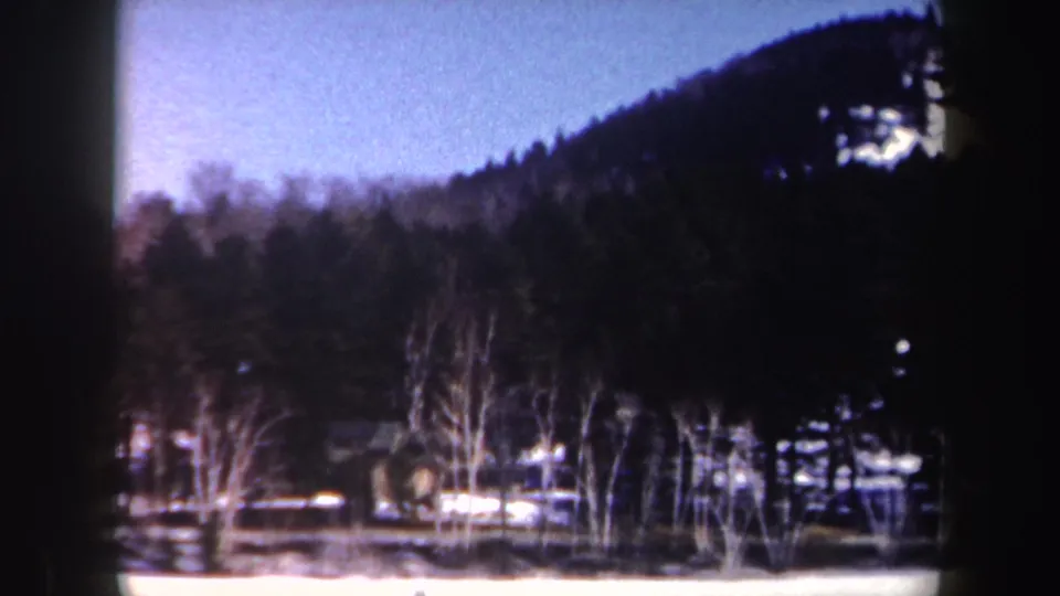 1962 New York winter landscape with snow on the ground, sparse trees in front, and a dark forested slope beyond.