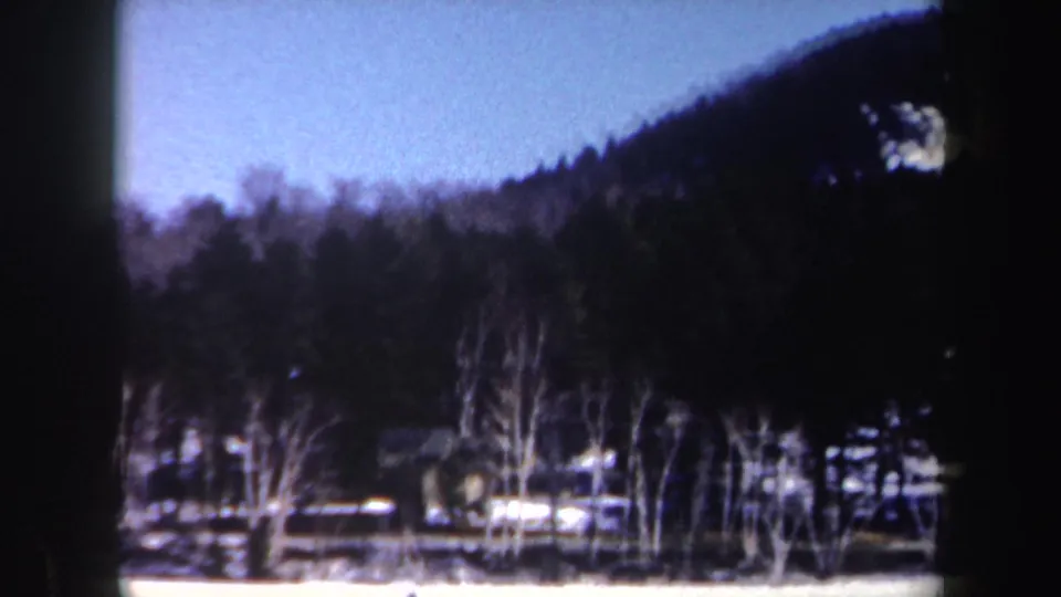 8mm home-movie frame from 1962 New York showing a snowy rural view with bare trees and a wooded hill, softened by film grain.