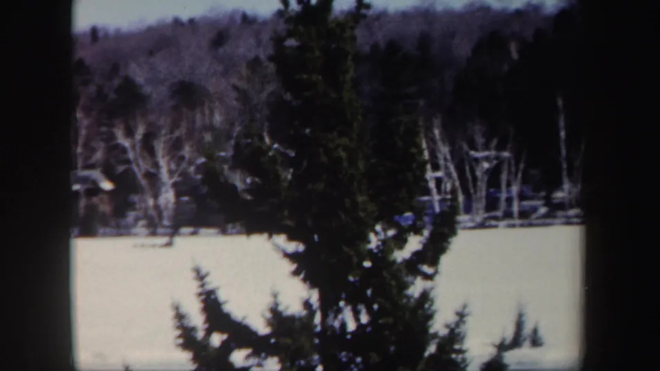 1962 New York 8mm frame showing a snow-covered frozen lake or field with evergreen foreground and bare winter trees beyond.