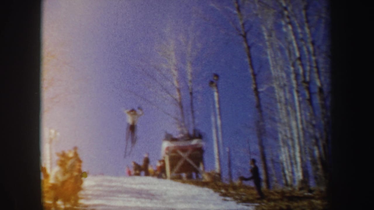 Ski jumper mid-air above a snowy slope with spectators and bare trees nearby.