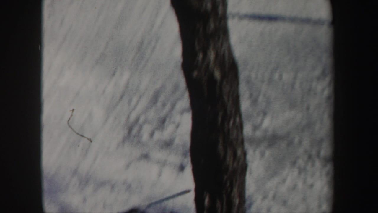 Snowy slope partly blocked by a dark tree trunk and film-edge shadows.