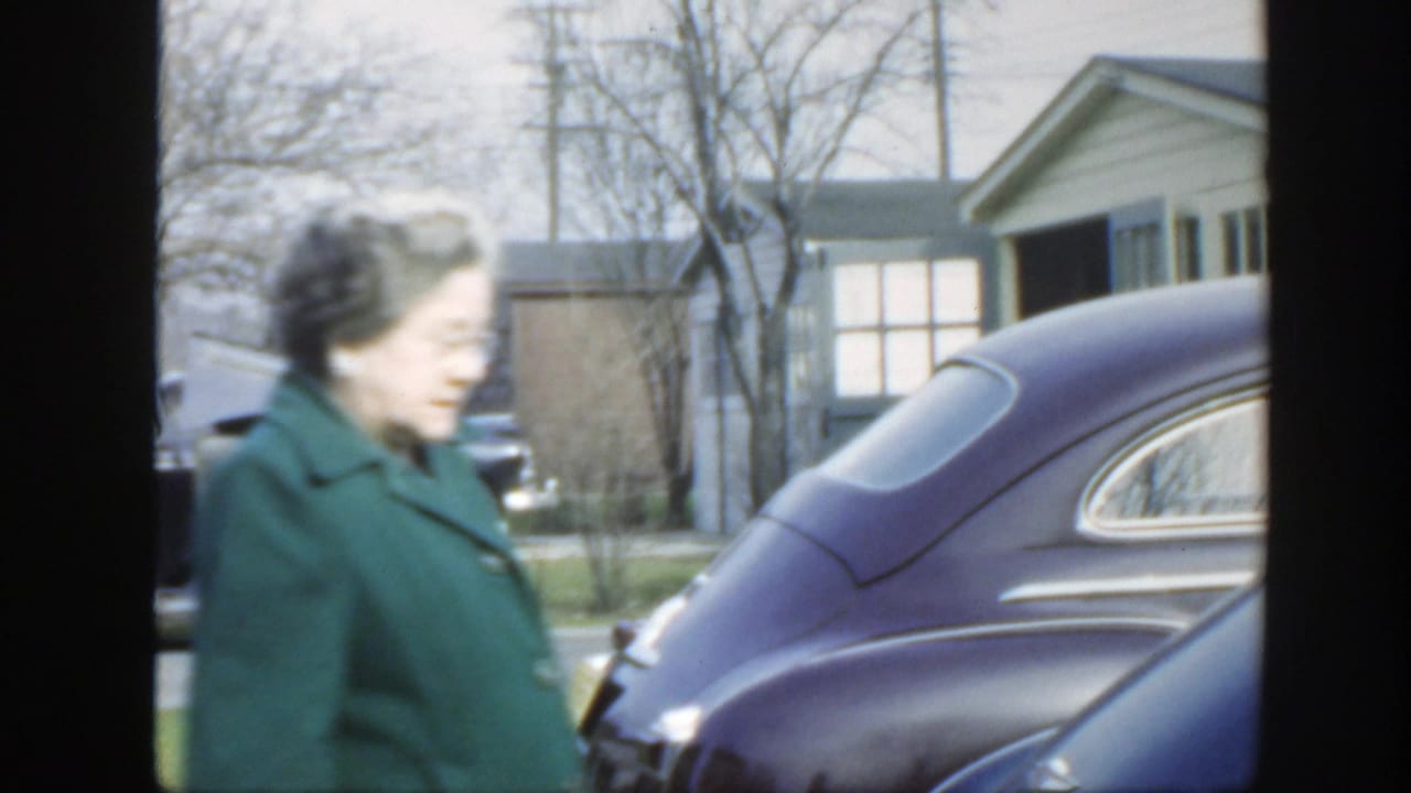 An older woman in a dark green coat passes the dark purple car, with a modest house, bare trees, and street visible behind her.