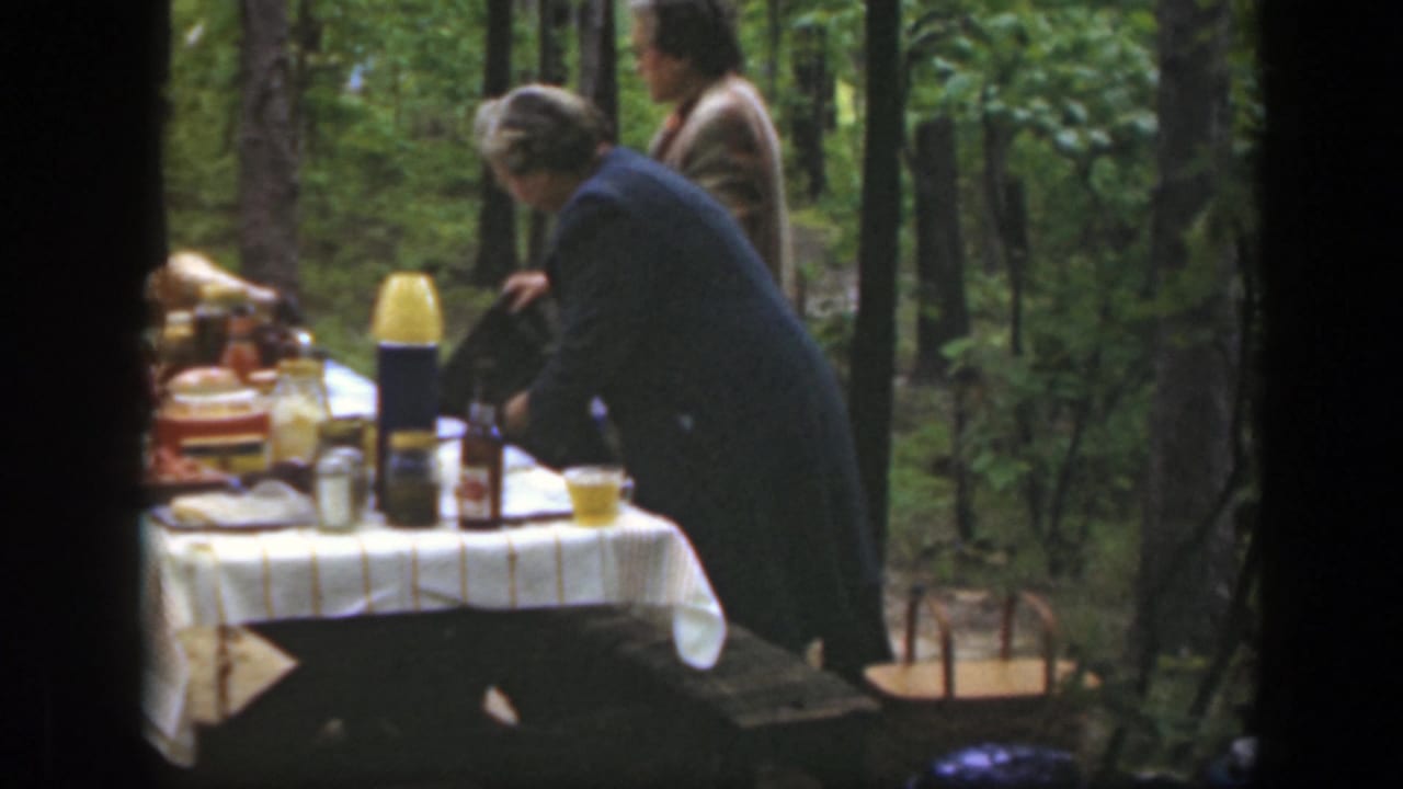 1949 Massachusetts picnic scene with a woman bending over a table of food and drinks in a wooded setting.